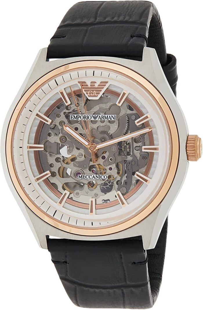 Emporio Armani Zeta Skeleton Automatic Silver Dial Black Leather Strap Watch For Men - AR60018 - Image 6